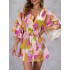 Buttoned Drawstring Printed A-Line Half Sleeves V-Neck Mini Dresses