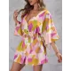 Buttoned Drawstring Printed A-Line Half Sleeves V-Neck Mini Dresses