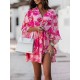 Double Layered Elasticity Flower Print A-Line High Waisted V-Neck Mini Dresses