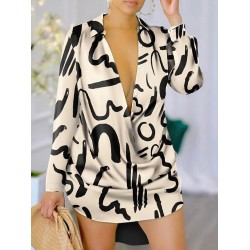 Figure Printed Long Sleeves Loose Lapel Shirt Dress Mini Dresses