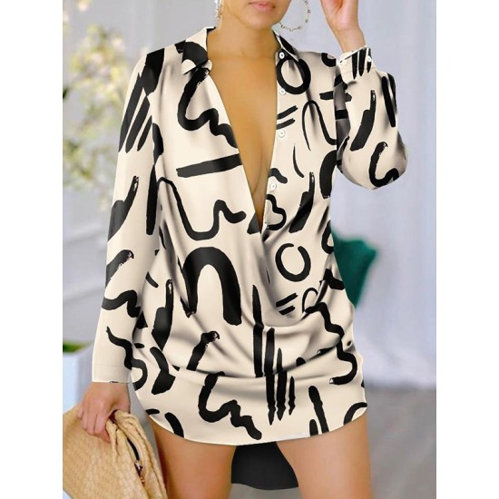 Figure Printed Long Sleeves Loose Lapel Shirt Dress Mini Dresses