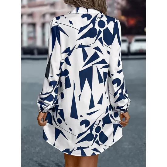 Printed Split-Joint Loose Puff Sleeves Lapel Shirt Dress Mini Dresses