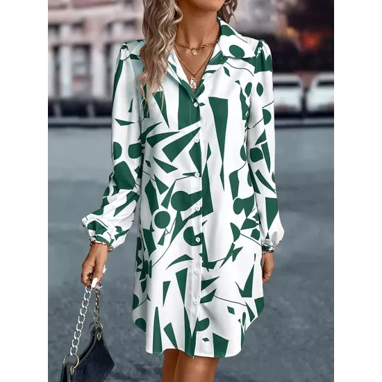 Printed Split-Joint Loose Puff Sleeves Lapel Shirt Dress Mini Dresses