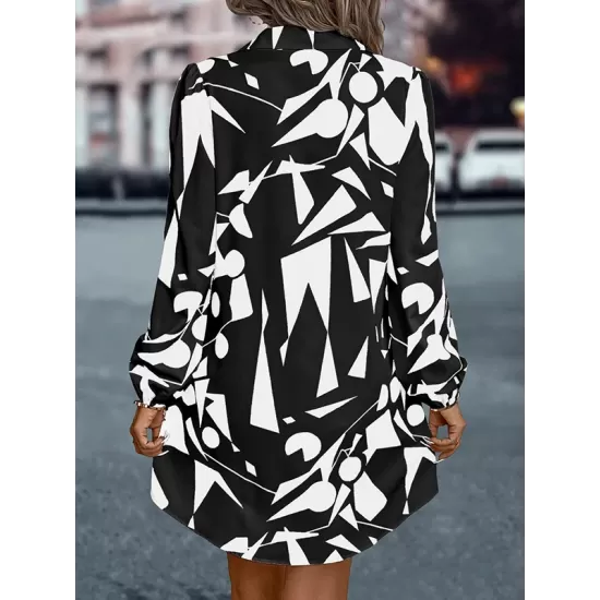 Printed Split-Joint Loose Puff Sleeves Lapel Shirt Dress Mini Dresses