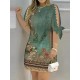 Hollow Printed Split-Joint Loose Short Sleeves Round-Neck Mini Dresses