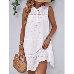 Hollow Lace-Up Solid Color Split-Joint Loose Sleeveless Round-Neck Mini Dresses