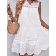 Hollow Lace-Up Solid Color Split-Joint Loose Sleeveless Round-Neck Mini Dresses