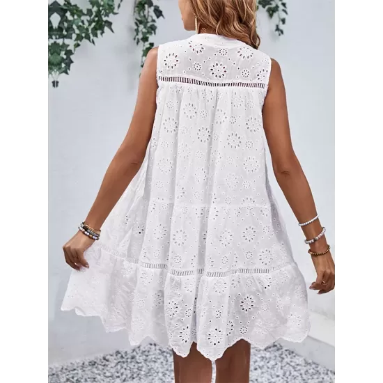 Hollow Lace-Up Solid Color Split-Joint Loose Sleeveless Round-Neck Mini Dresses