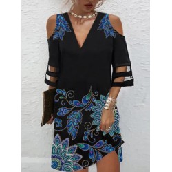 Flower Print Hollow Mesh Split-Joint Half Sleeves Loose Cold Shoulder Mini Dresses