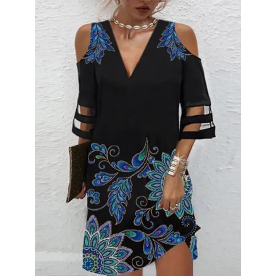 Flower Print Hollow Mesh Split-Joint Half Sleeves Loose Cold Shoulder Mini Dresses