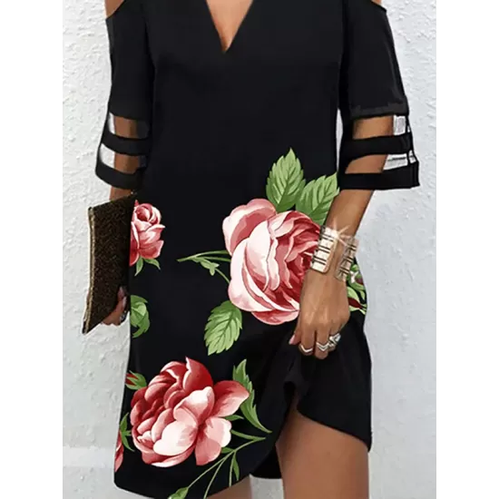 Flower Print Hollow Mesh Split-Joint Half Sleeves Loose Cold Shoulder Mini Dresses