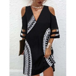 Hollow Mesh Printed Split-Joint Half Sleeves Loose Cold Shoulder Mini Dresses