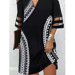 Hollow Mesh Printed Split-Joint Half Sleeves Loose Cold Shoulder Mini Dresses