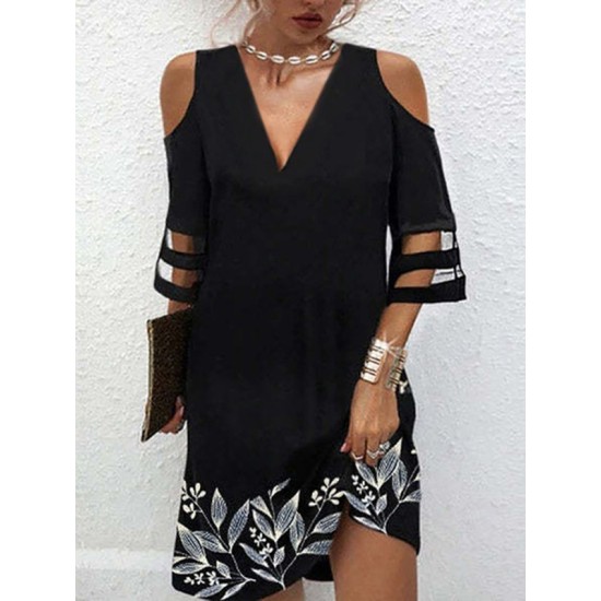 Hollow Leaves Print Mesh Split-Joint Half Sleeves Loose Cold Shoulder Mini Dresses