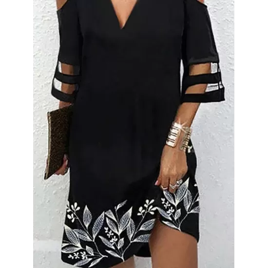 Hollow Leaves Print Mesh Split-Joint Half Sleeves Loose Cold Shoulder Mini Dresses