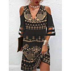 Hollow Mesh Printed Split-Joint Half Sleeves Loose Cold Shoulder Mini Dresses