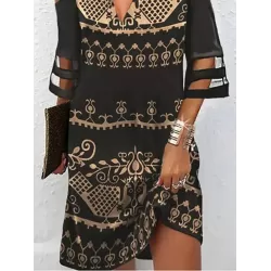 Hollow Mesh Printed Split-Joint Half Sleeves Loose Cold Shoulder Mini Dresses