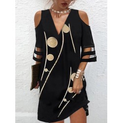 Hollow Mesh Polka-Dot Printed Split-Joint Half Sleeves Loose Cold Shoulder Mini Dresses