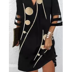 Hollow Mesh Polka-Dot Printed Split-Joint Half Sleeves Loose Cold Shoulder Mini Dresses