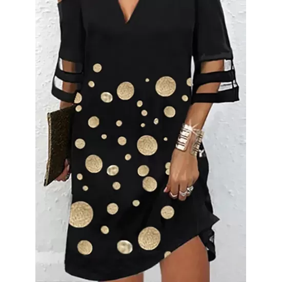 Hollow Mesh Polka-Dot Split-Joint Half Sleeves Loose Cold Shoulder Mini Dresses