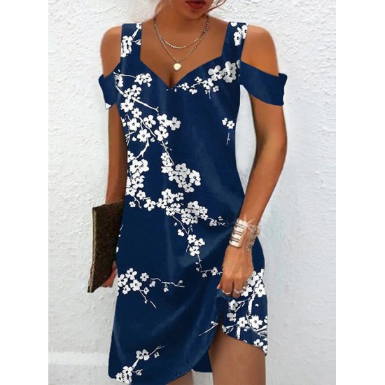 Flower Print Hollow A-Line High Waisted Cold Shoulder Mini Dresses