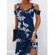 Flower Print Hollow A-Line High Waisted Cold Shoulder Mini Dresses