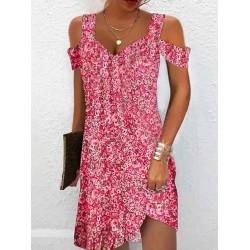 Flower Print Hollow A-Line High Waisted Cold Shoulder Mini Dresses