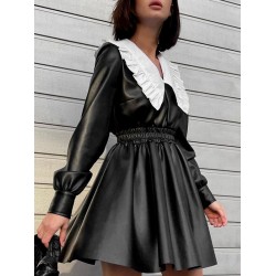 Elasticity Pleated Split-Joint Loose Puff Sleeves Peter Pan Collar Mini Dresses