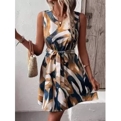 Printed Tied Waist A-Line Loose V-Neck Mini Dresses