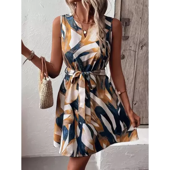 Printed Tied Waist A-Line Loose V-Neck Mini Dresses