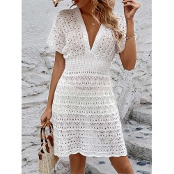 Hollow See-Through Solid Color Loose Short Sleeves Deep V-Neck Mini Dresses