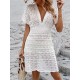 Hollow See-Through Solid Color Loose Short Sleeves Deep V-Neck Mini Dresses