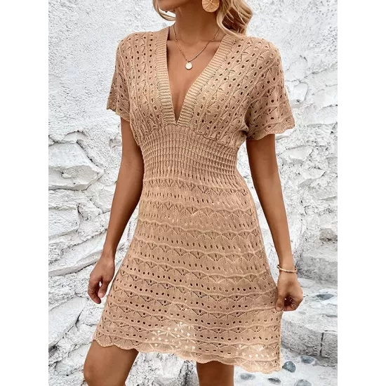 Hollow See-Through Solid Color Loose Short Sleeves Deep V-Neck Mini Dresses