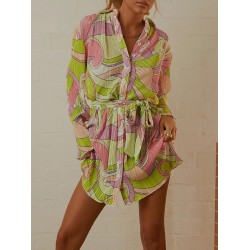 Buttoned Pleated Printed Tied Waist Long Sleeves Loose Lapel Mini Dresses