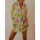 Buttoned Pleated Printed Tied Waist Long Sleeves Loose Lapel Mini Dresses