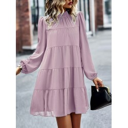 Elasticity Pleated Solid Color Split-Joint Tied A-Line Bishop Sleeve Mock Neck Mini Dresses