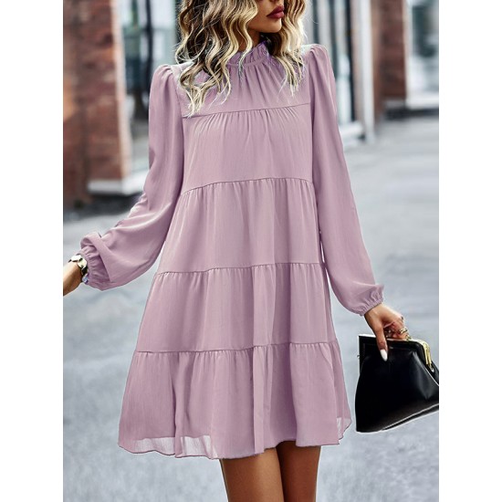 Elasticity Pleated Solid Color Split-Joint Tied A-Line Bishop Sleeve Mock Neck Mini Dresses