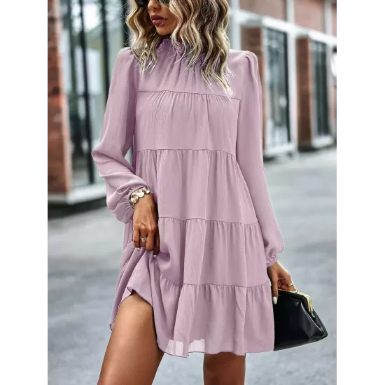 Elasticity Pleated Solid Color Split-Joint Tied A-Line Bishop Sleeve Mock Neck Mini Dresses