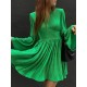 High-Waisted Pleated Solid Color Zipper A-line Flared Sleeves Round-neck Mini Dresses