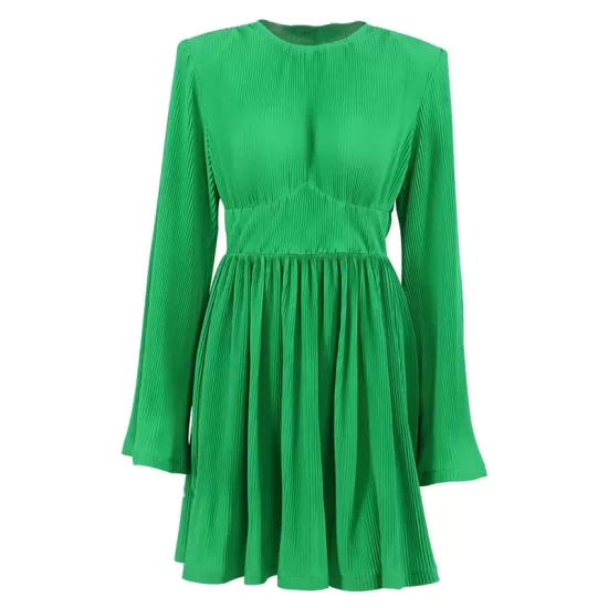 High-Waisted Pleated Solid Color Zipper A-line Flared Sleeves Round-neck Mini Dresses