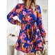 Printed Split-Joint Tied Waist Long Sleeves Loose V-Neck Mini Dresses