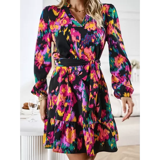 Printed Split-Joint Tied Waist Long Sleeves Loose V-Neck Mini Dresses