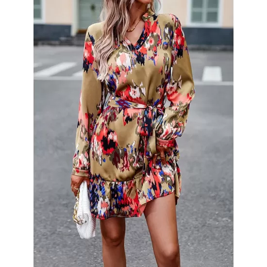 Printed Split-Joint Tied Waist Long Sleeves Loose V-Neck Mini Dresses