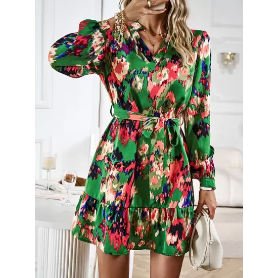 Printed Split-Joint Tied Waist Long Sleeves Loose V-Neck Mini Dresses