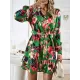 Printed Split-Joint Tied Waist Long Sleeves Loose V-Neck Mini Dresses