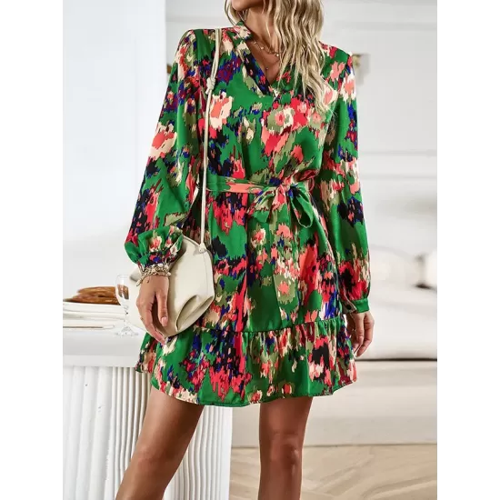 Printed Split-Joint Tied Waist Long Sleeves Loose V-Neck Mini Dresses