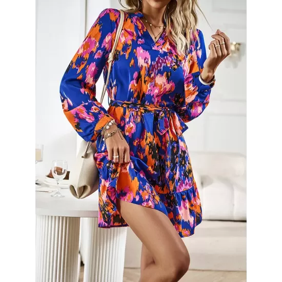 Printed Split-Joint Tied Waist Long Sleeves Loose V-Neck Mini Dresses