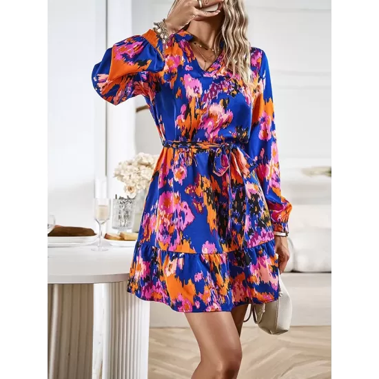 Printed Split-Joint Tied Waist Long Sleeves Loose V-Neck Mini Dresses