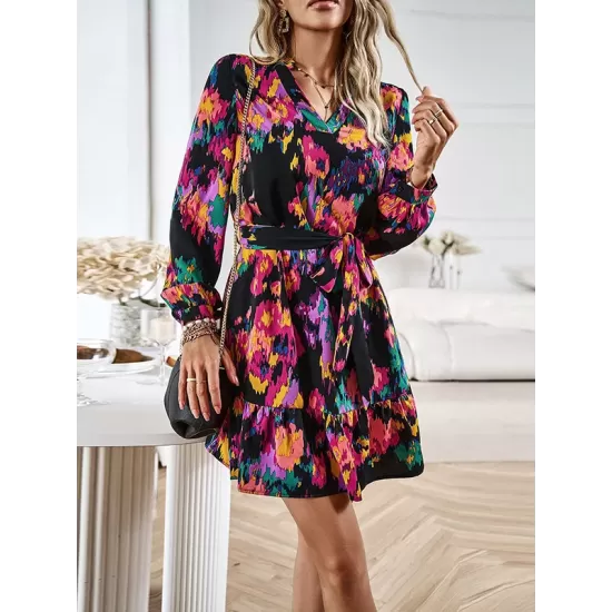 Printed Split-Joint Tied Waist Long Sleeves Loose V-Neck Mini Dresses