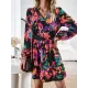 Printed Split-Joint Tied Waist Long Sleeves Loose V-Neck Mini Dresses